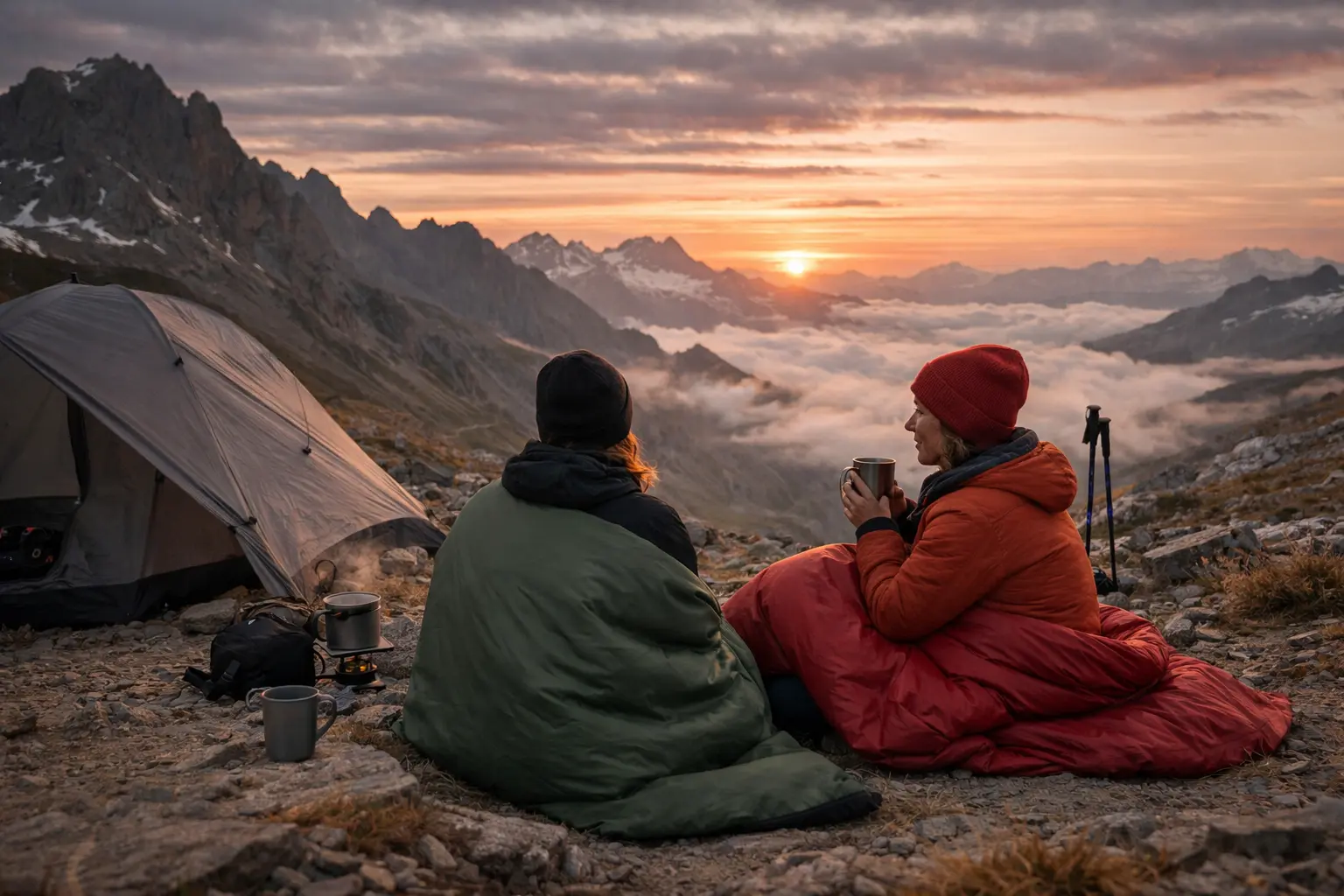 Deux femmes font un bivouac dans les Alpes avec leurs quilts - Photo générée avec l'IA